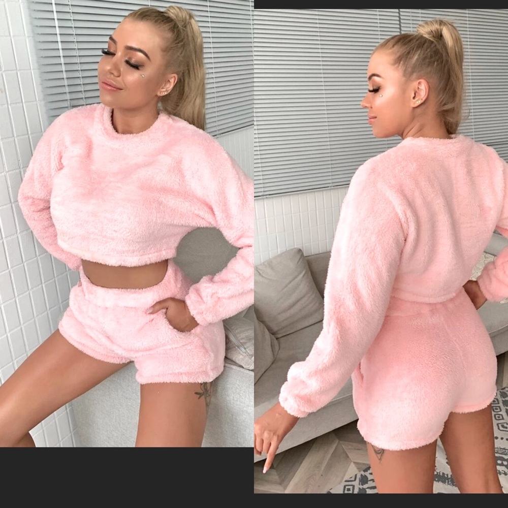 Teddy pullover crop sweater and shorts set